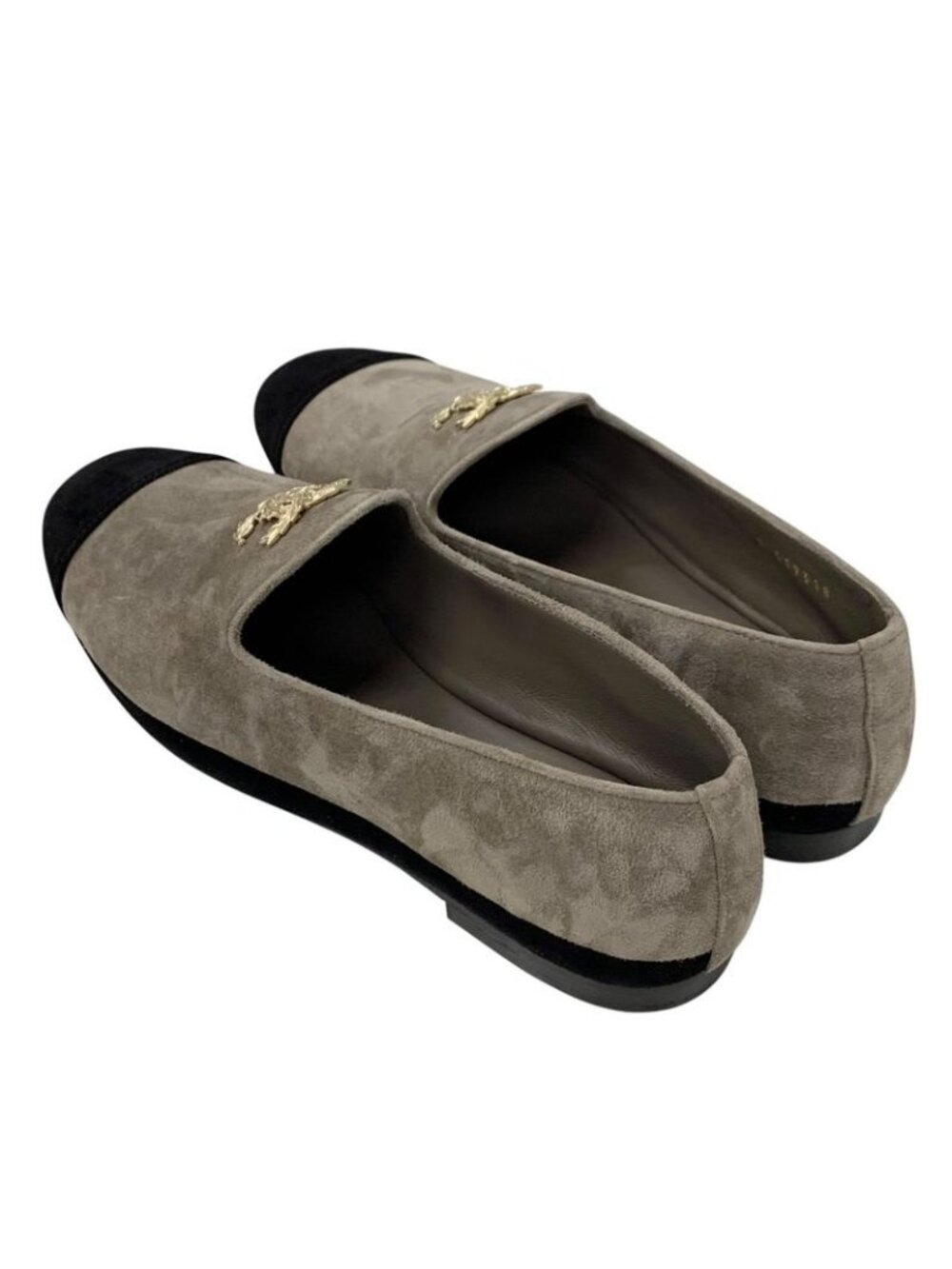 Chanel Flat Shoes Suede Gray Black Gold Coco Mark Loafers - Picture 4 of 10